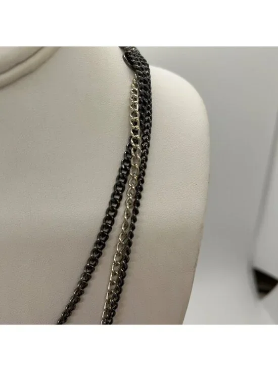 Calvin Klein Multi-Strand Layered Statement Necklace Gunmetal & Silver Chain Wit - Picture 7 of 11
